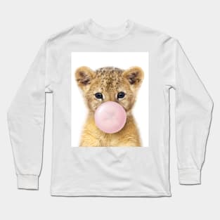 Baby Lion Blowing Bubble Gum, Pink Nursery, Baby Animals Art Print by Synplus Long Sleeve T-Shirt